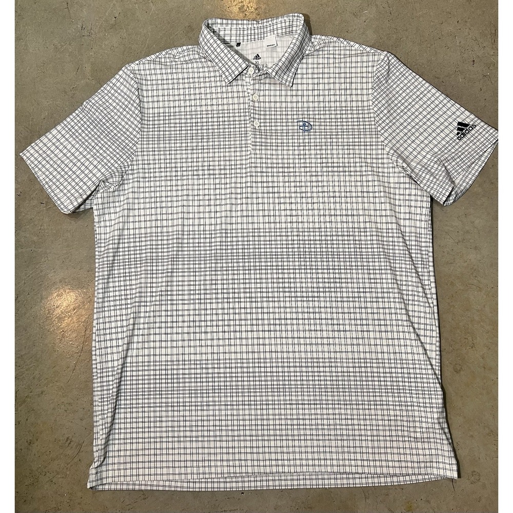 Adidas Polo Shirt Mens XL White Black Grid Disney D Logo Performance Golf